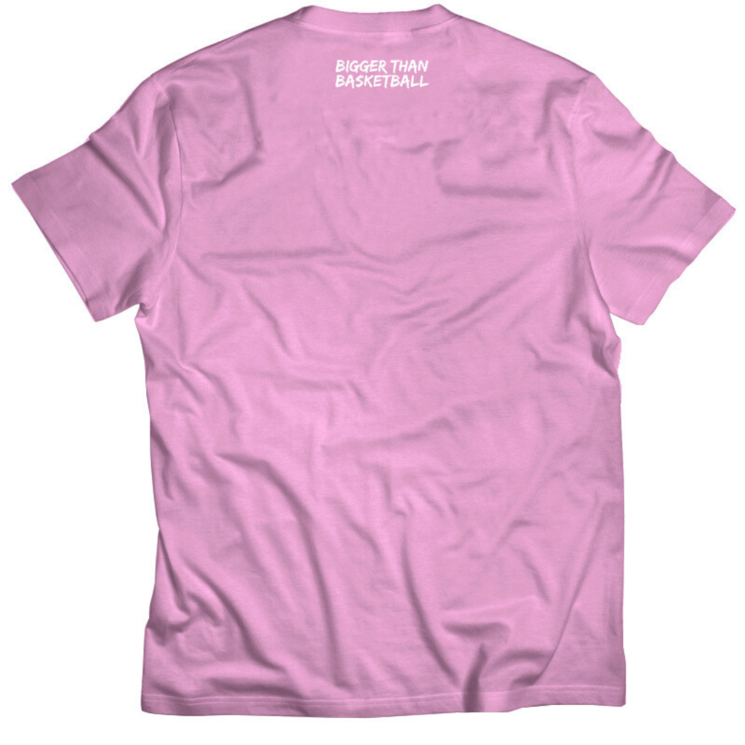 Pink t-shirt with 'Bigger Than Basketball' text on the back against a white background