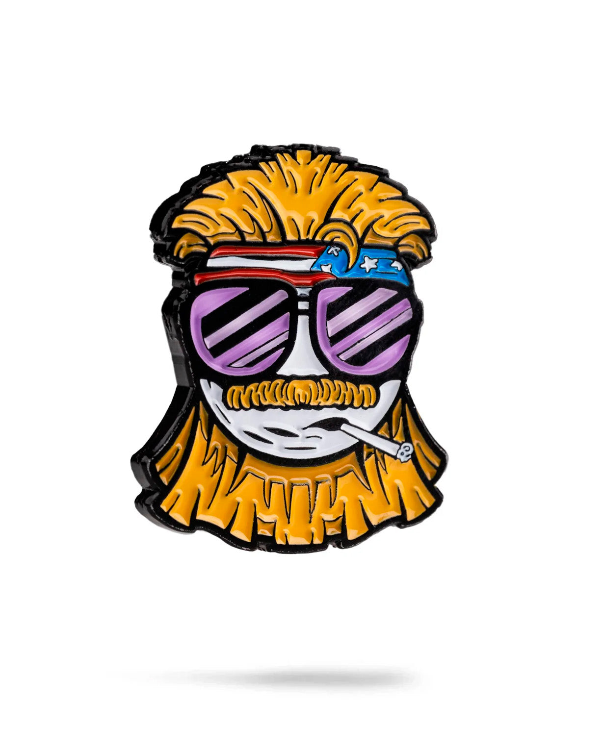Pin with a stylized face wearing sunglasses and a bandana on a white background
