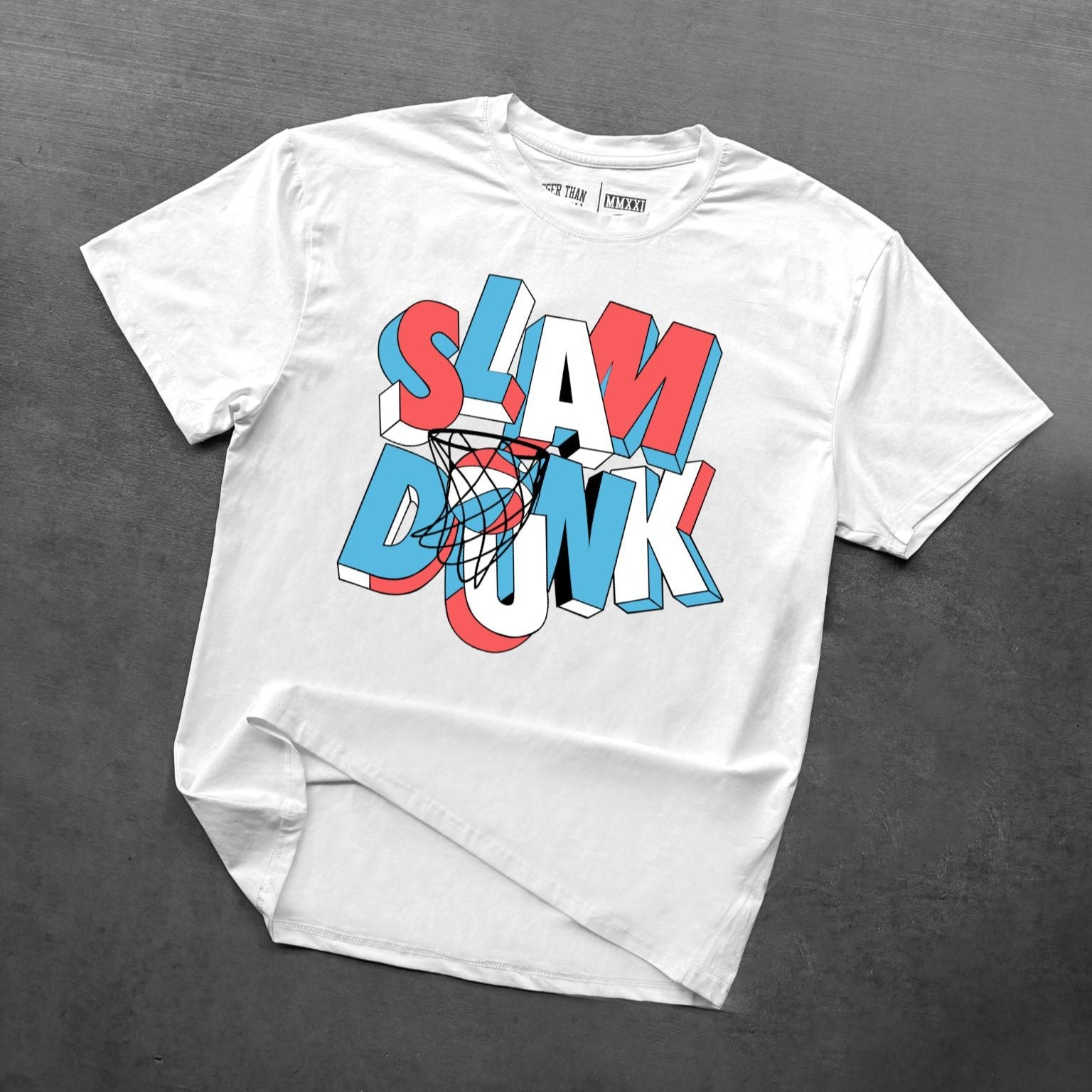 White t-shirt with 'SLAM DUNK!' graphic design on a gray background
