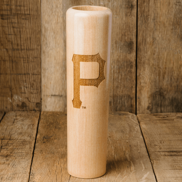 Wooden baseball bat with a logo on a wooden background