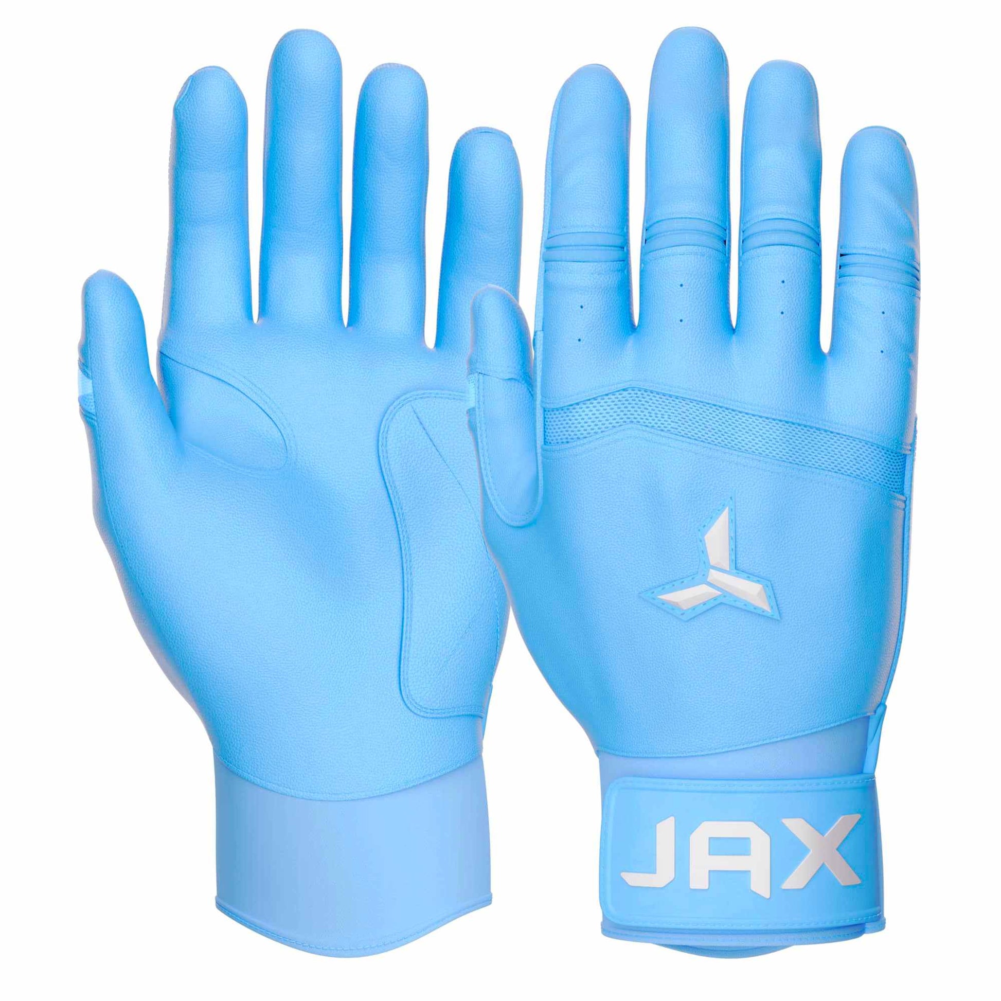 Pair of blue gloves with 'JAX' branding on a white background