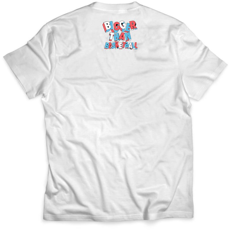 White t-shirt with colorful text on the back against a white background