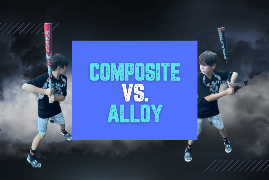 Collection of composite vs alloy bats in a gallery layout