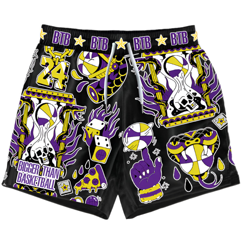 Collection of Black shorts with colorful graphics and 'Bigger Than Basketball' text on a white background in a gallery layout