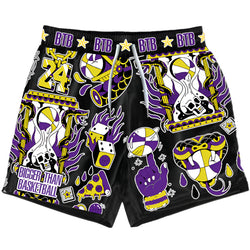 Collection of Black shorts with colorful graphics and 'Bigger Than Basketball' text on a white background in a gallery layout
