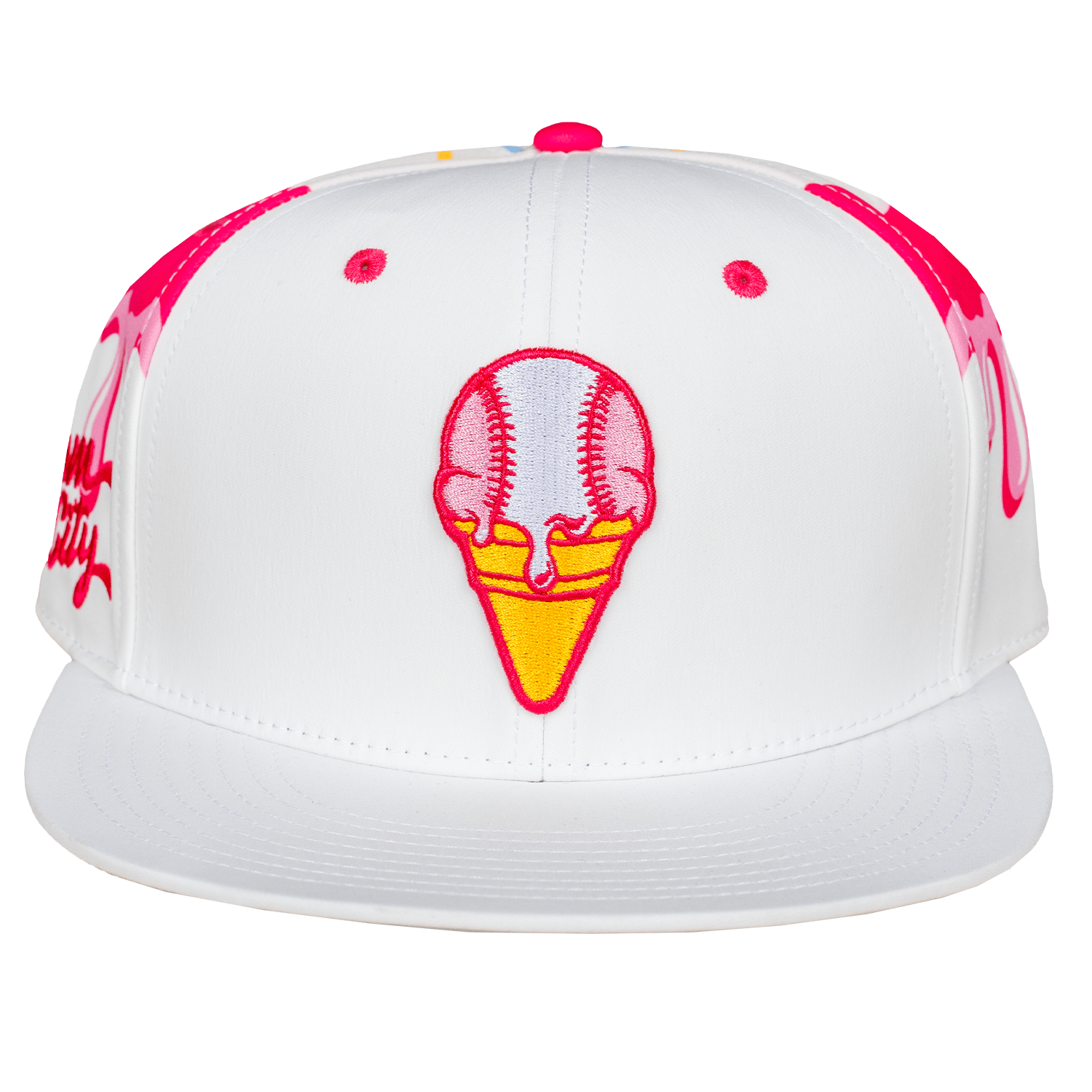 White cap with pink and yellow baseball ice cream cone design on a white background
