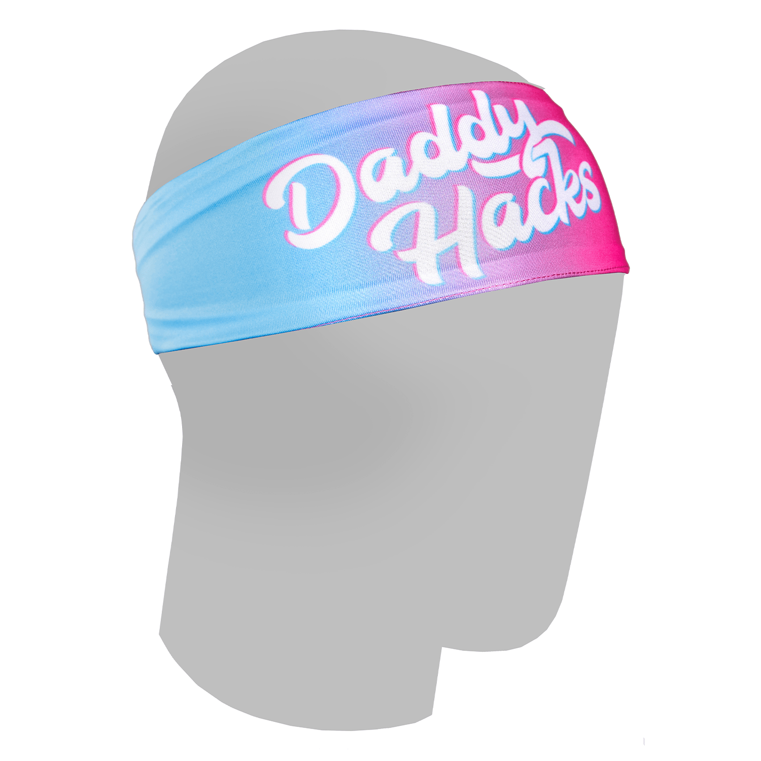 Headband with 'Daddy Hacks' text on a mannequin head against a white background