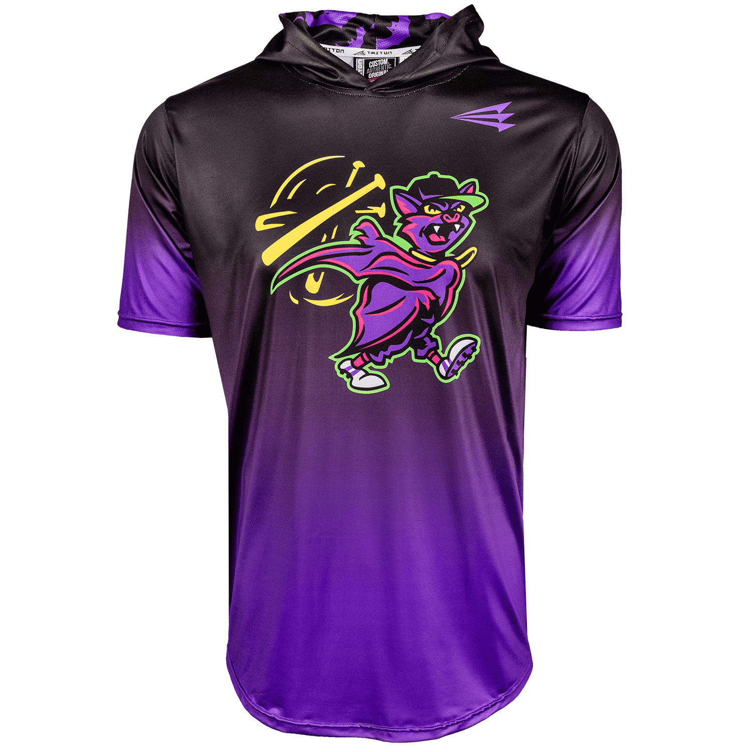 Collection of Black and purple hoodie with a colorful graphic design on a white background in a gallery layout