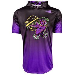 Collection of Black and purple hoodie with a colorful graphic design on a white background in a gallery layout