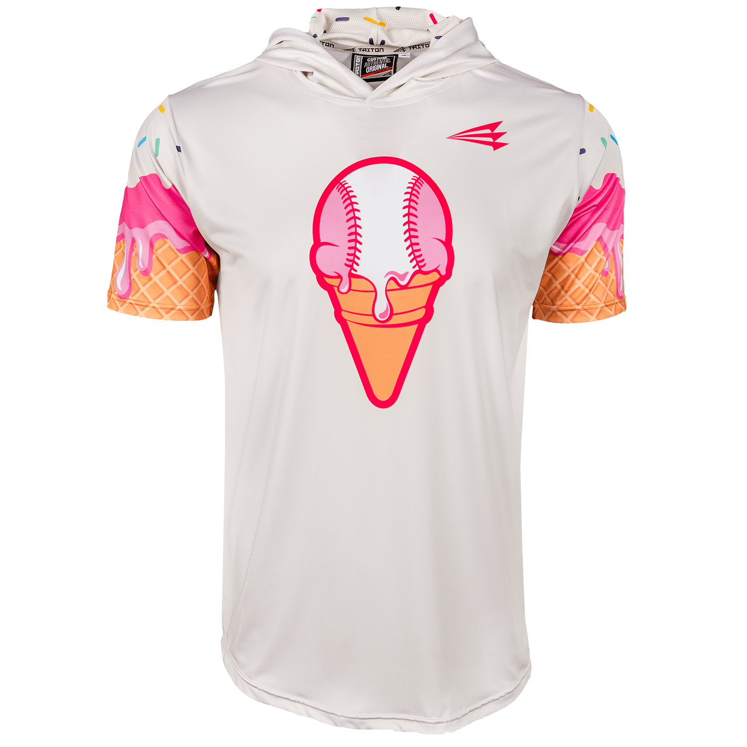 White hoodie with ice cream cone and baseball design on a white background