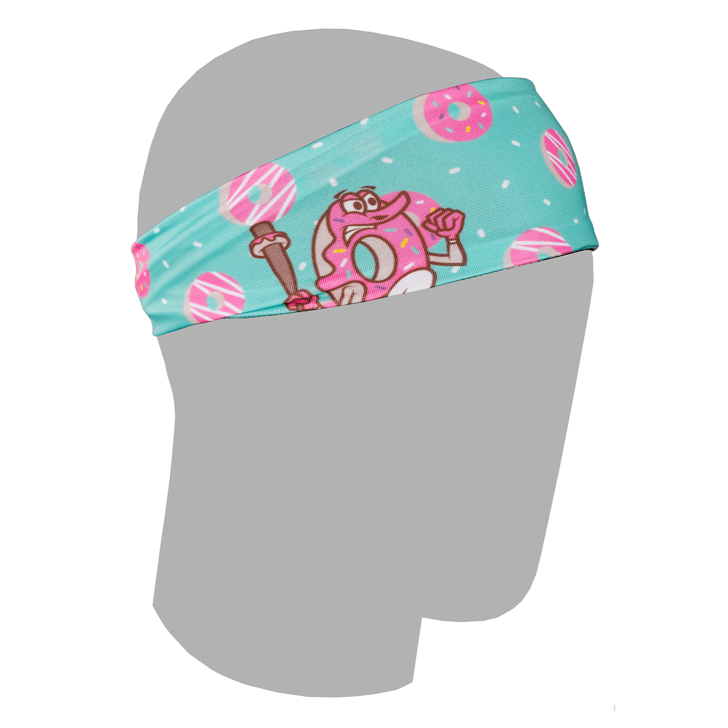 Headband with cartoon donut design on a gray mannequin head.