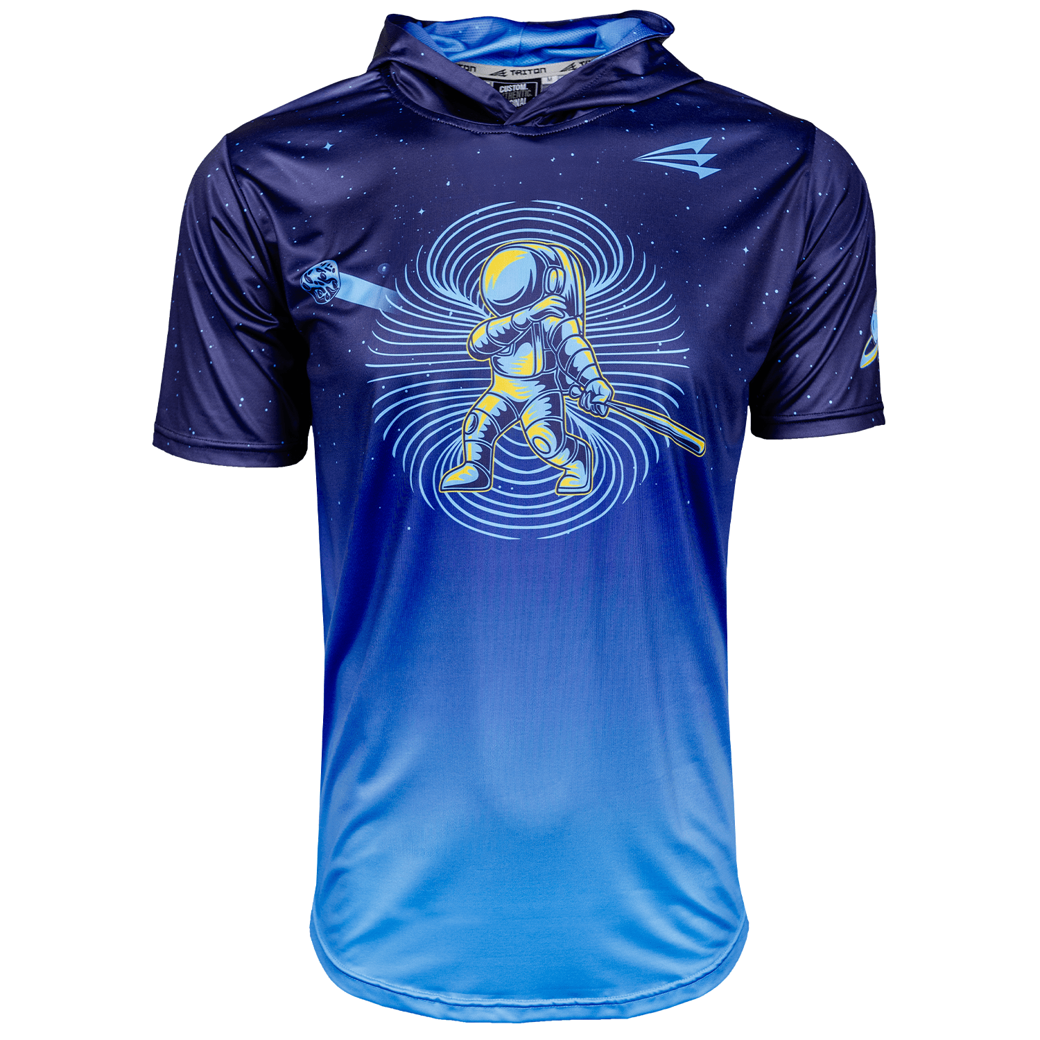 Collection of Blue hoodie with a baseball astronaut graphic on a white background in a gallery layout
