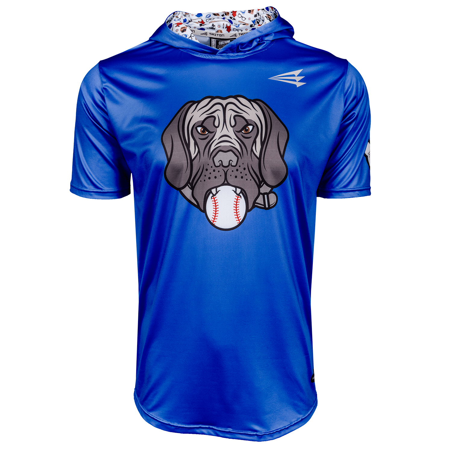 Collection of Blue hoodie with a dog holding a baseball graphic on a white background in a gallery layout