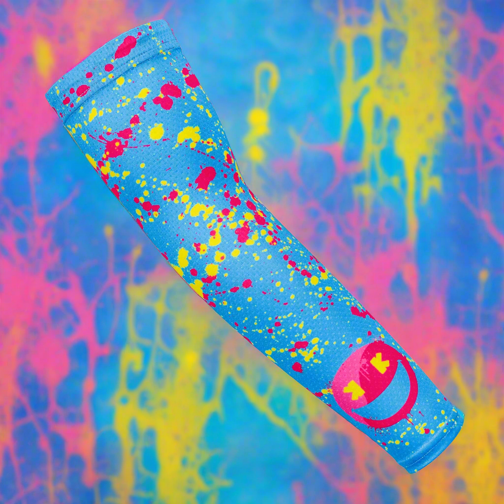 Collection of Colorful splatter-patterned product on a multicolored abstract background in a gallery layout