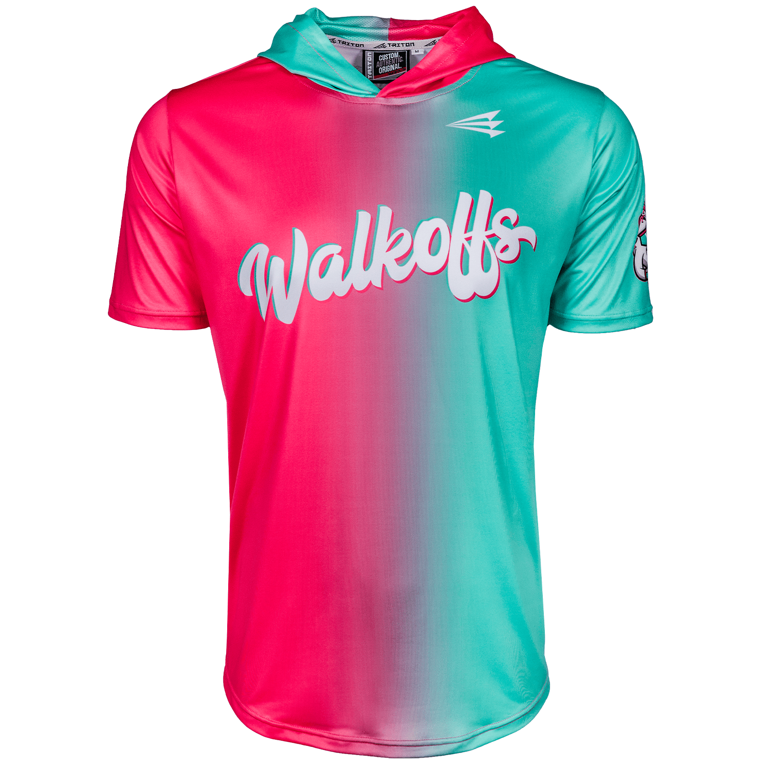 Collection of Gradient pink to teal shirt with 'Walkoffs' text on a white background in a gallery layout