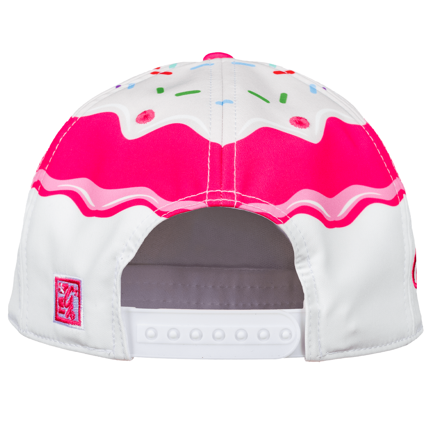Cap with pink and white ice cream drip design on a white background