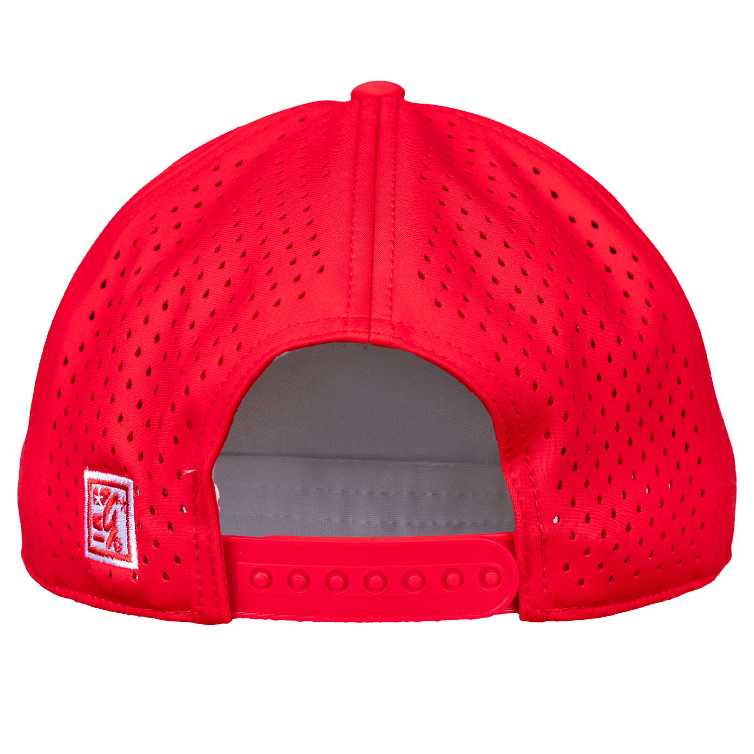 Red perforated cap with a logo on the back against a white background