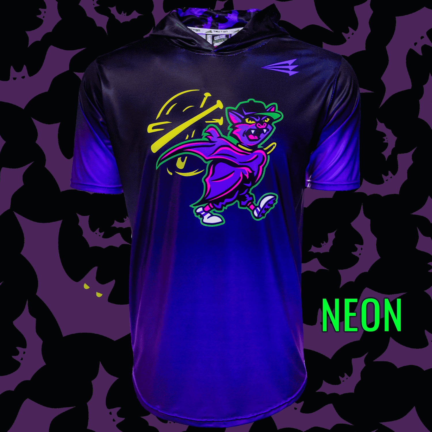 Collection of Neon purple hoodie with a colorful graphic design on a matching background in a gallery layout