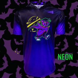 Collection of Neon purple hoodie with a colorful graphic design on a matching background in a gallery layout
