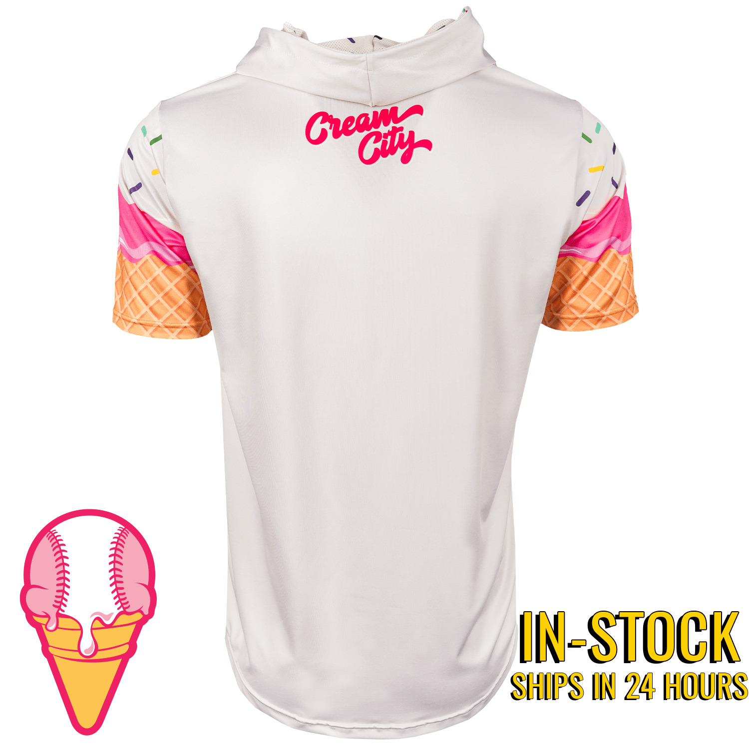 White sleeveless shirt with ice cream cone designs and 'Cream City' text on a white background.