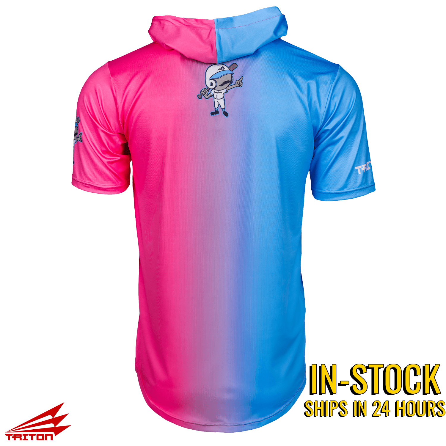 Gradient pink to blue hoodie with cartoon character on a white background