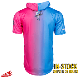 Collection of Gradient pink to blue hoodie with cartoon character on a white background in a gallery layout