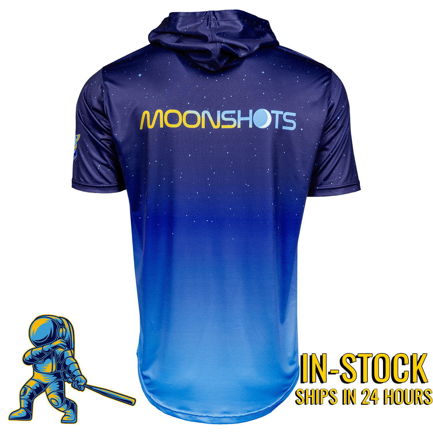 Blue hoodie with 'MOONSHOTS' logo on a white background