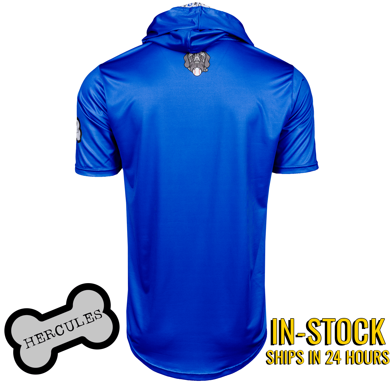 Collection of Blue hoodie with a Hercules dog on the back in a gallery layout