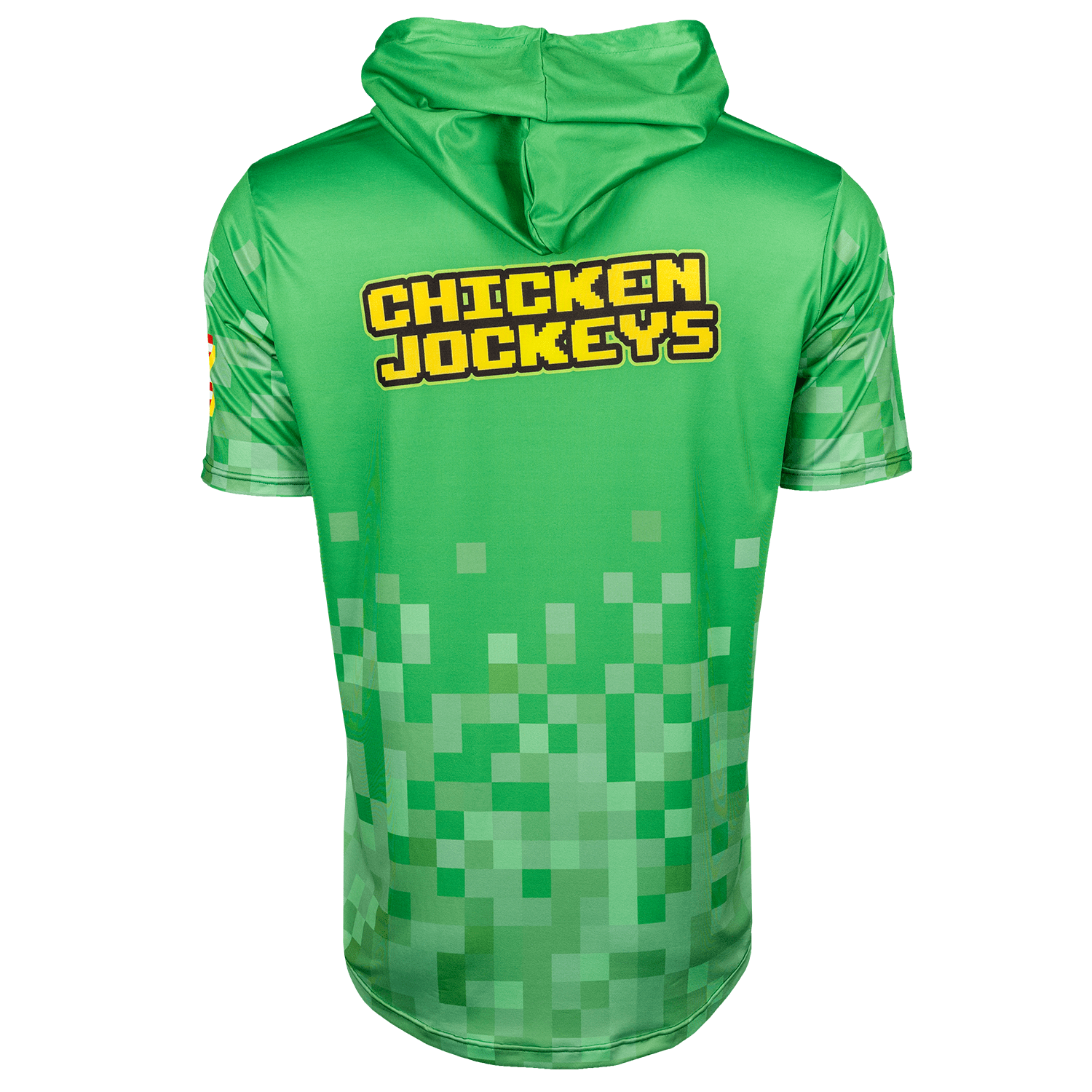 Green hoodie with 'Chicken Jockeys' text on a white background