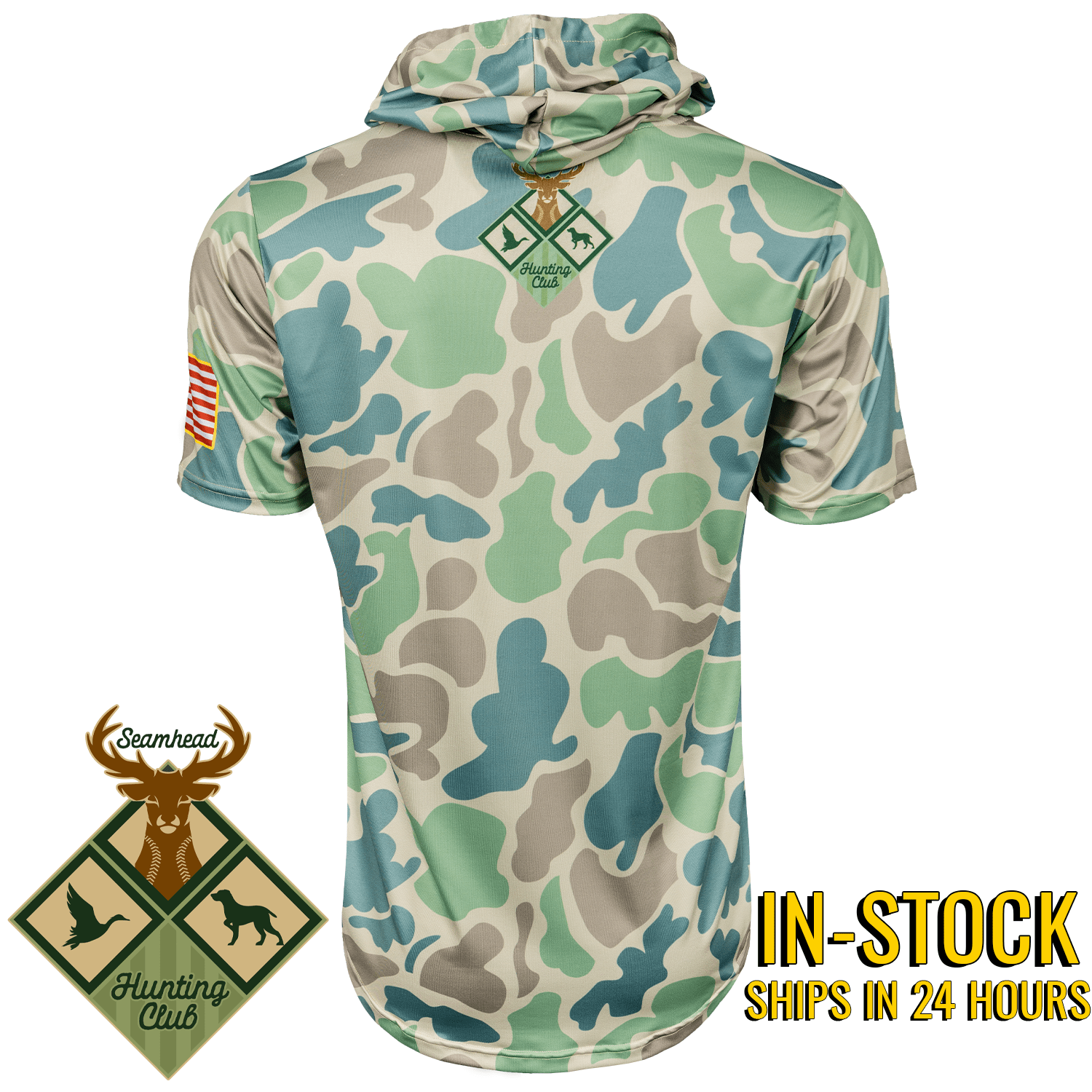 Collection of Seamhead Hunting Club Camo Baseball Hoodie in a gallery layout