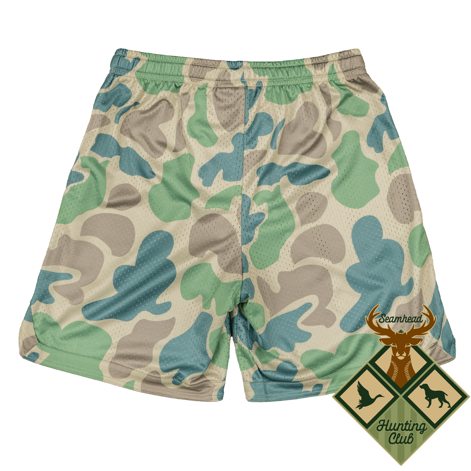 Collection of Seamhead Hunting Club Camo Mesh Lifestyle Baseball Shorts in a gallery layout