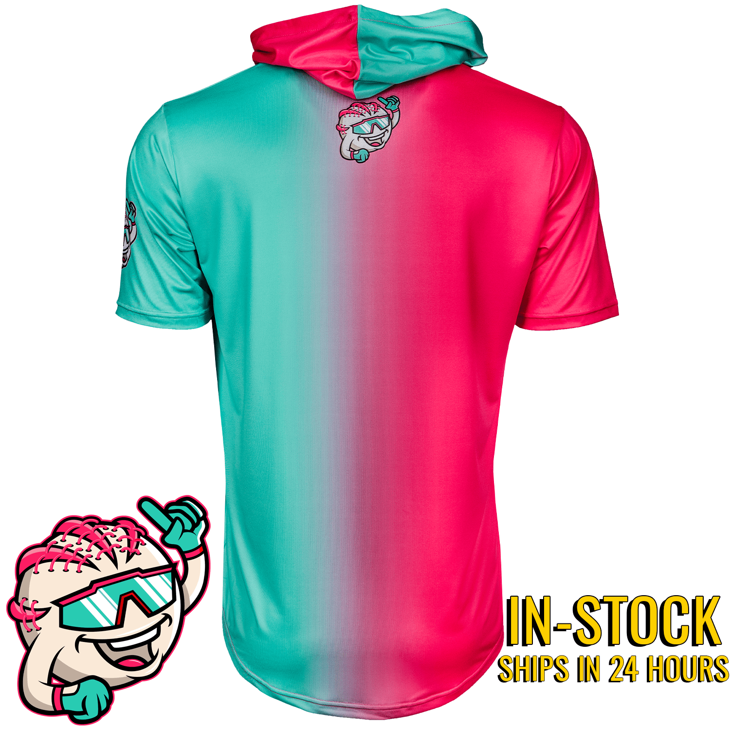 Colorful hoodie with gradient design and cartoon character on a white background