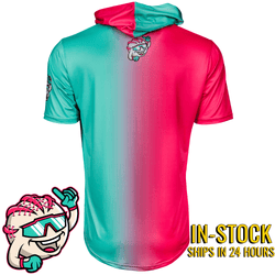 Collection of Colorful hoodie with gradient design and cartoon character on a white background in a gallery layout
