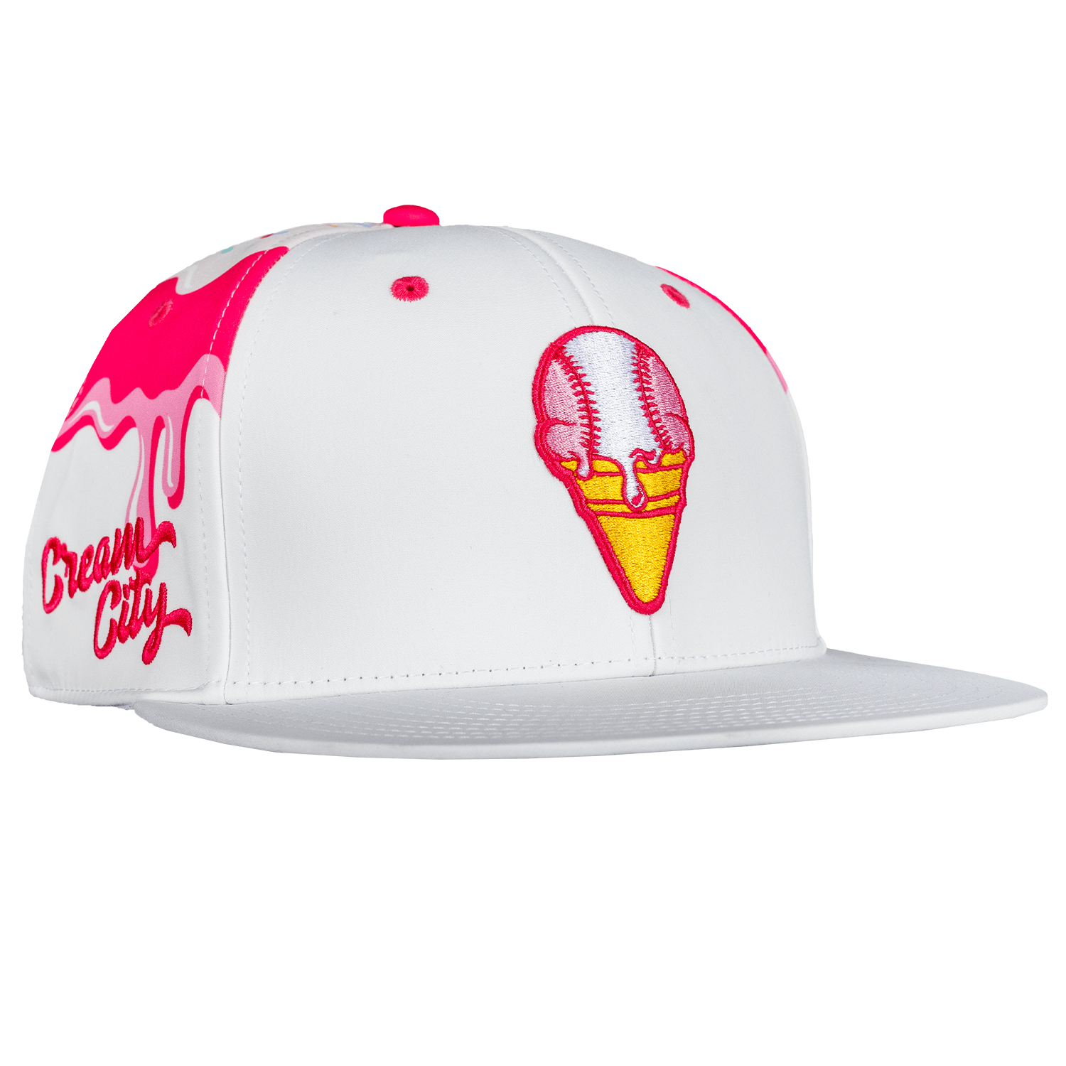 Collection of White cap with pink and yellow baseball ice cream cone design and 'Dream City' text on a white background in a gallery layout
