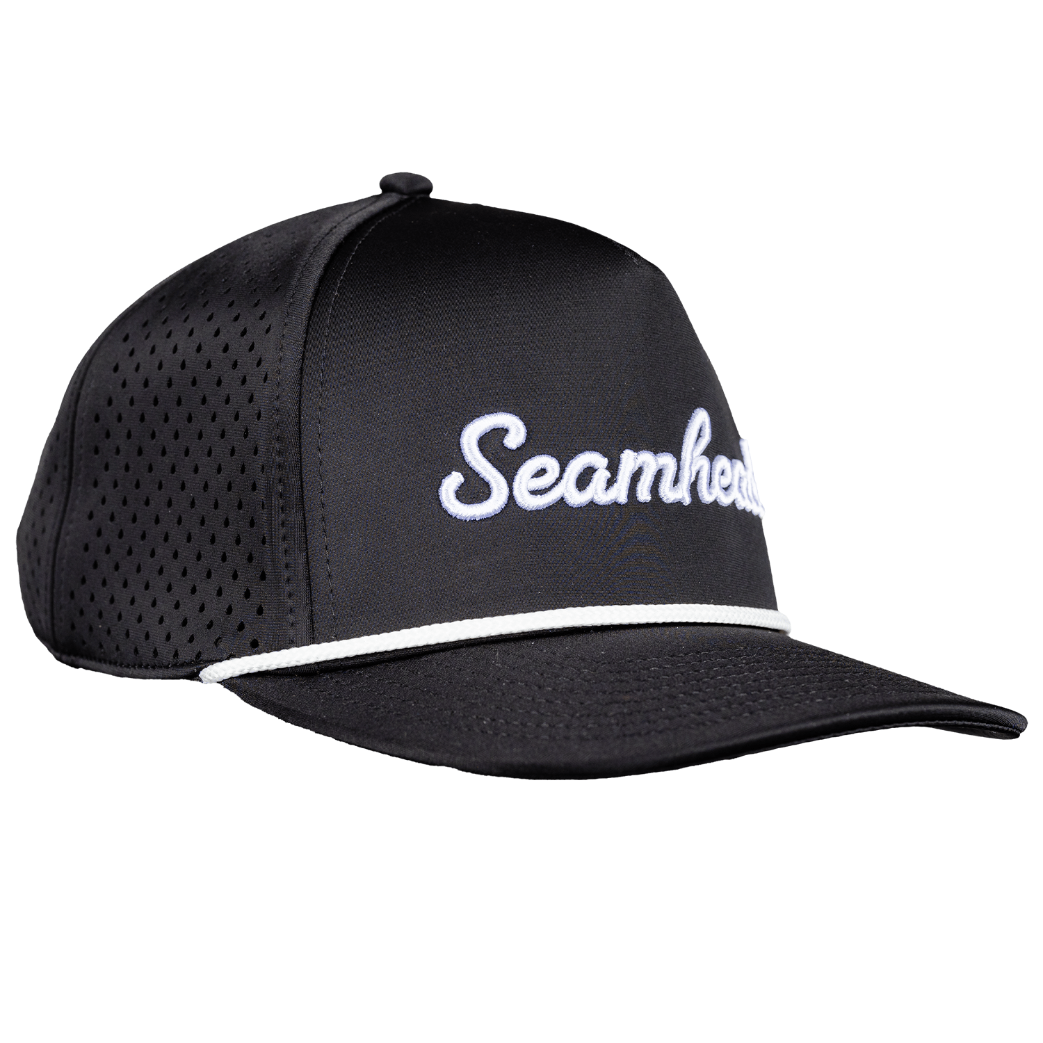 Collection of Black cap with white text on a white background in a gallery layout
