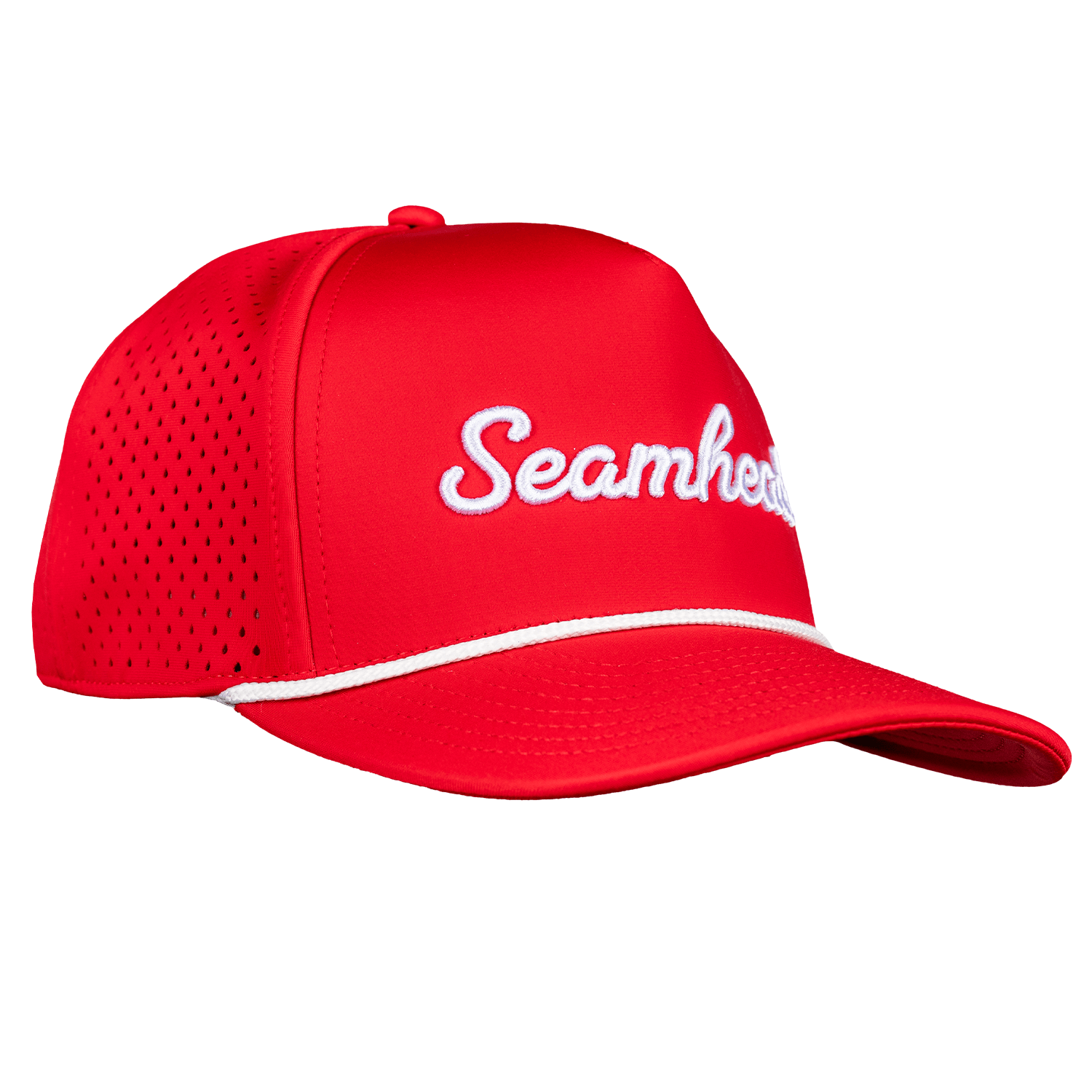 Collection of Red cap with 'Seamhead' logo on a white background in a gallery layout