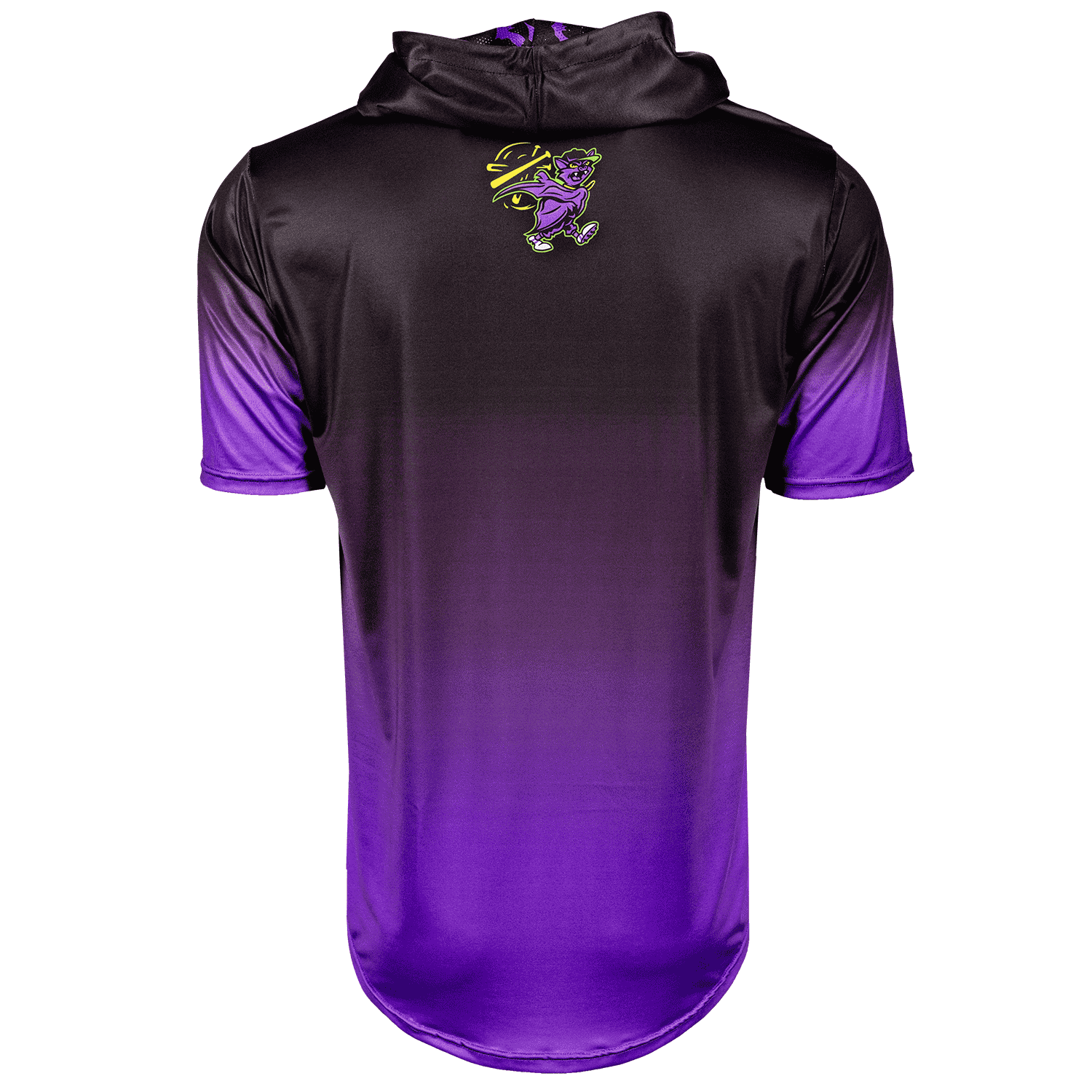 Black and purple gradient hoodie with a logo on the back against a white background