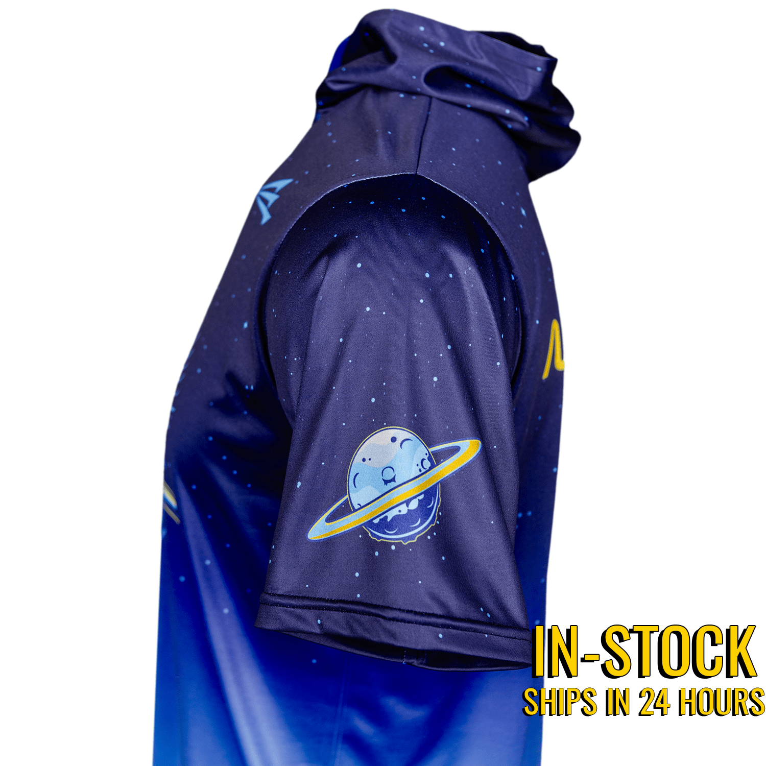 Blue jacket with a cartoon character design on a white background