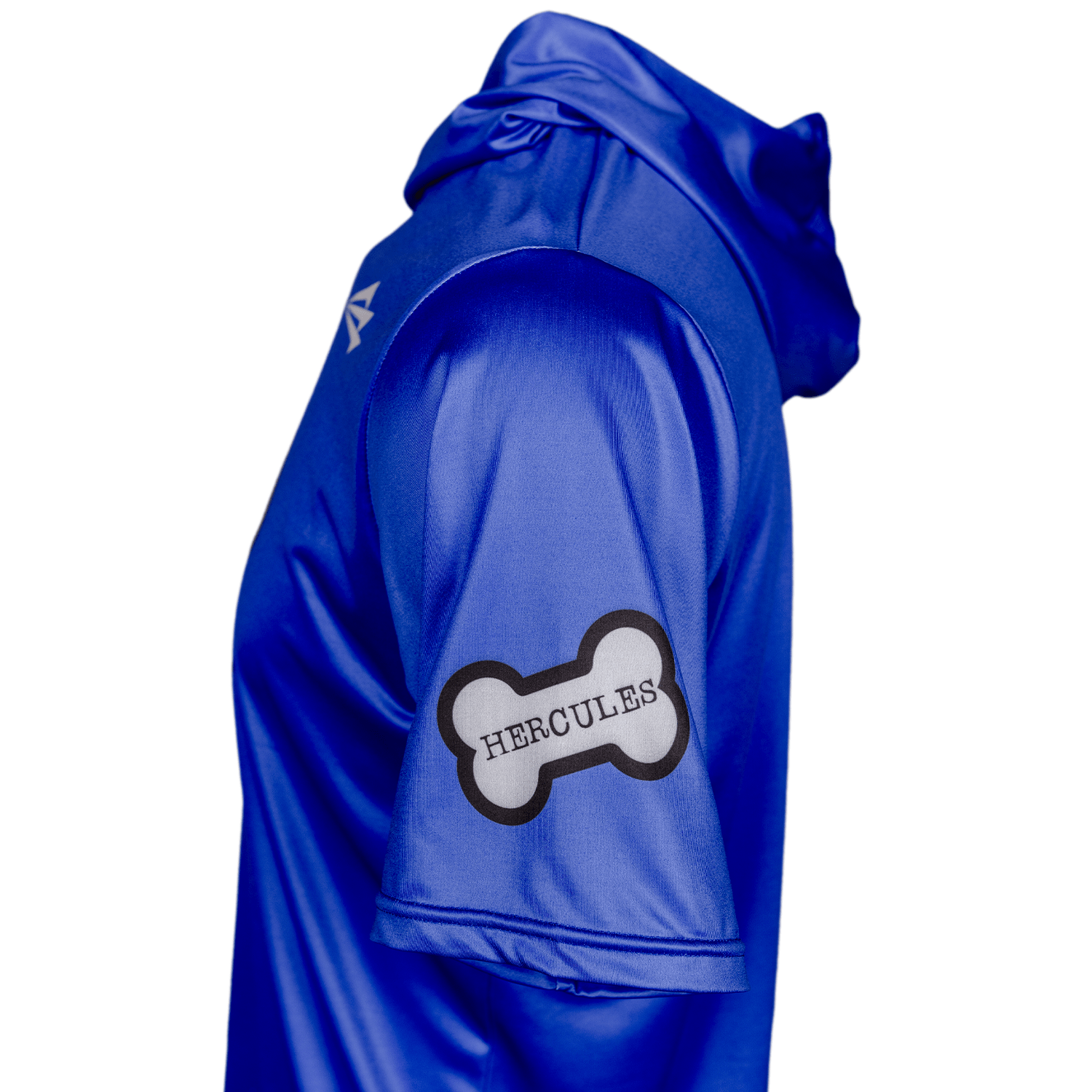 Blue short sleeve hoodie with 'HERCULES' label on a dog bone