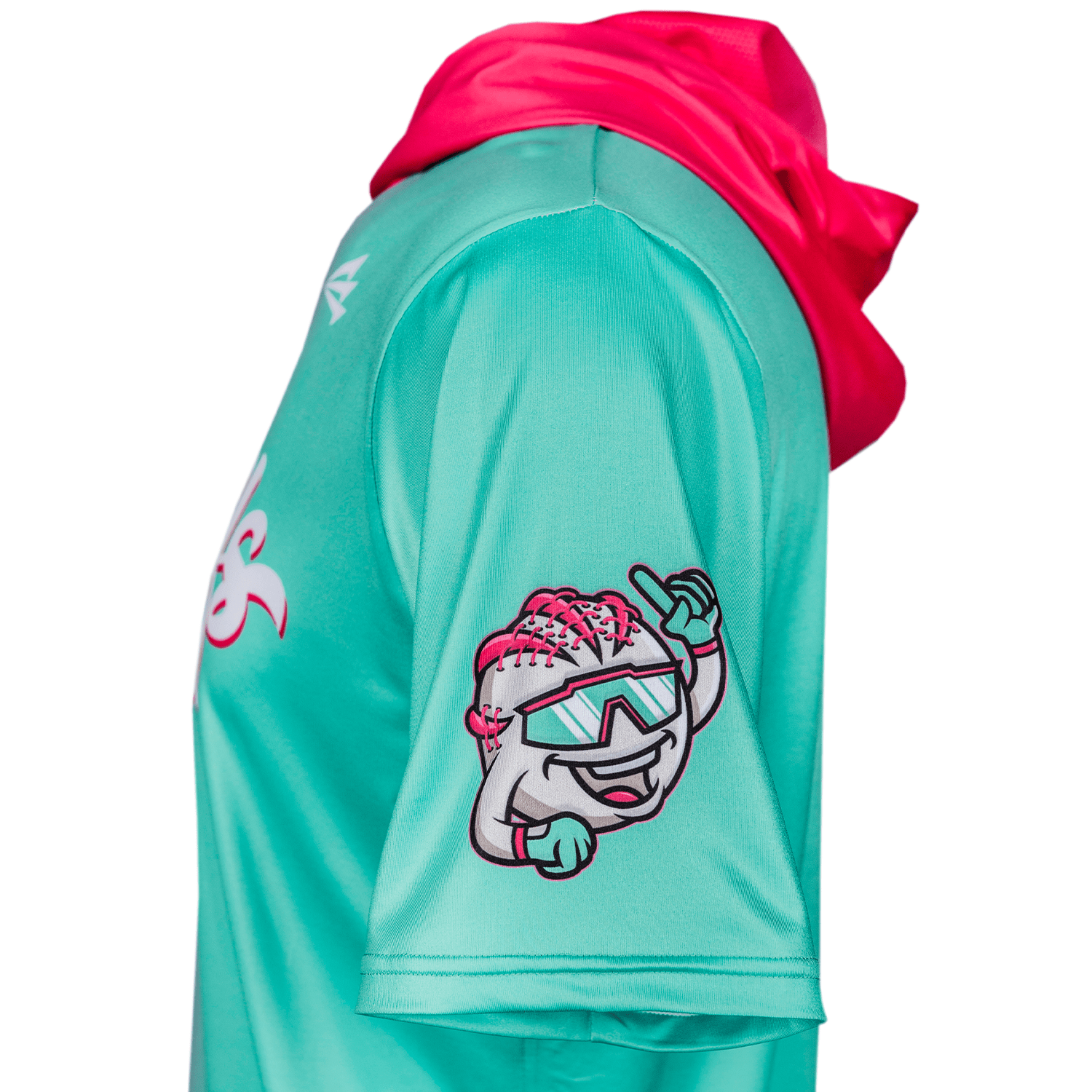 Teal hoodie with pink hood and cartoon character on a white background
