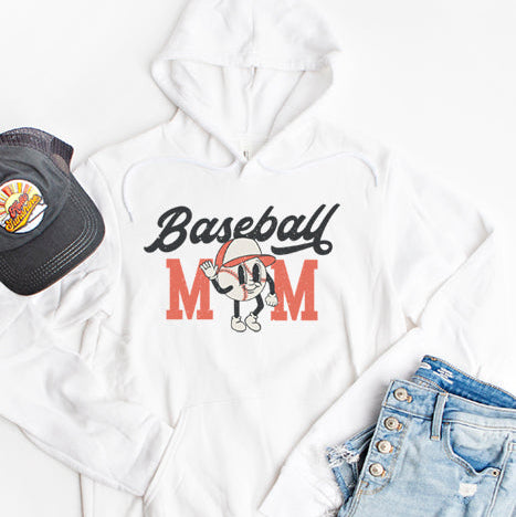 Collection of White hoodie with 'Baseball Mom' design, black cap, and denim shorts on a white background in a gallery layout