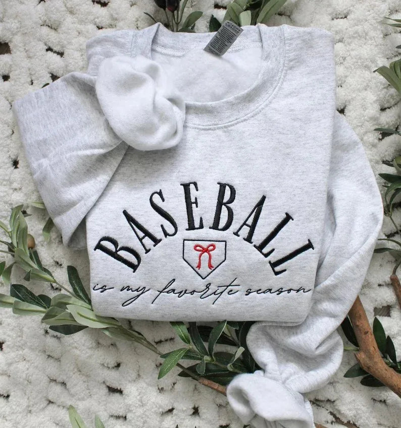 Gray sweatshirt with 'Baseball is my favorite season' embroidered sweatshirt