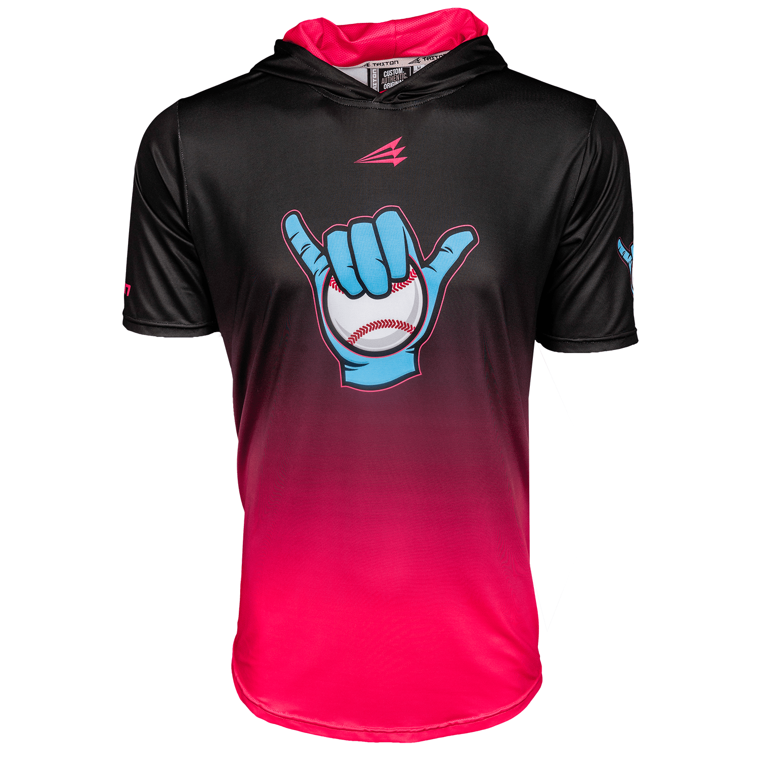 Collection of Black and red hoodie with blue hand sign and baseball graphic on a white background in a gallery layout