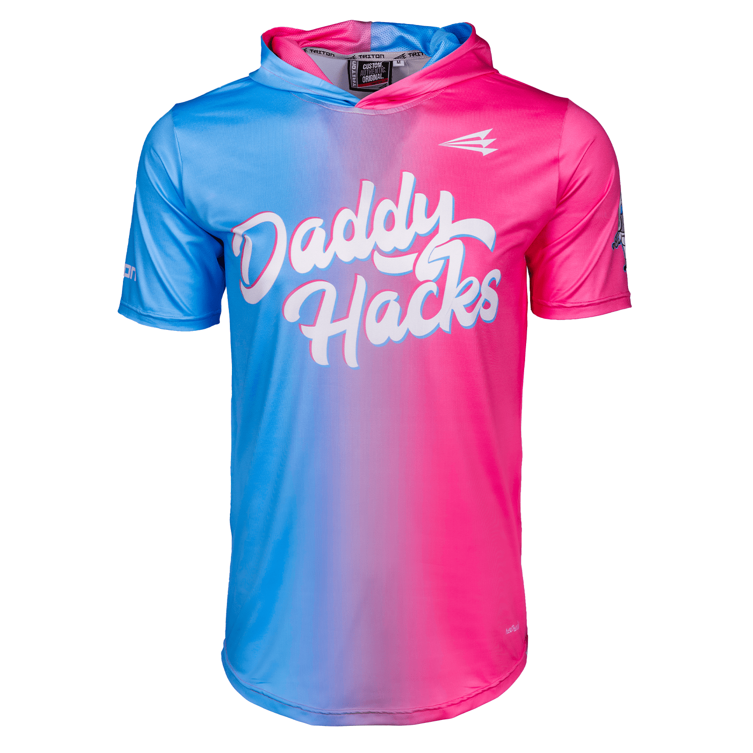 Collection of Gradient blue to pink shirt with 'Daddy Hacks' text on a white background in a gallery layout