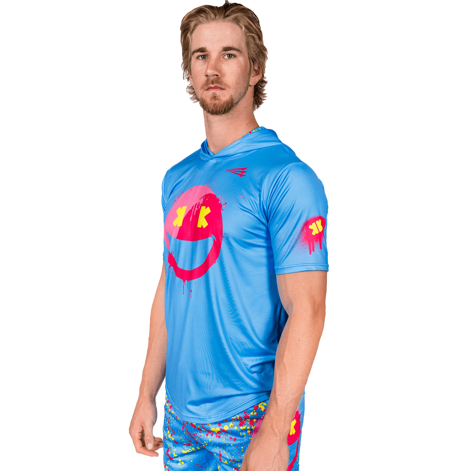 Collection of Smiley K Paint Splatter HyperMAX Short Sleeve Baseball Hoodie in a gallery layout