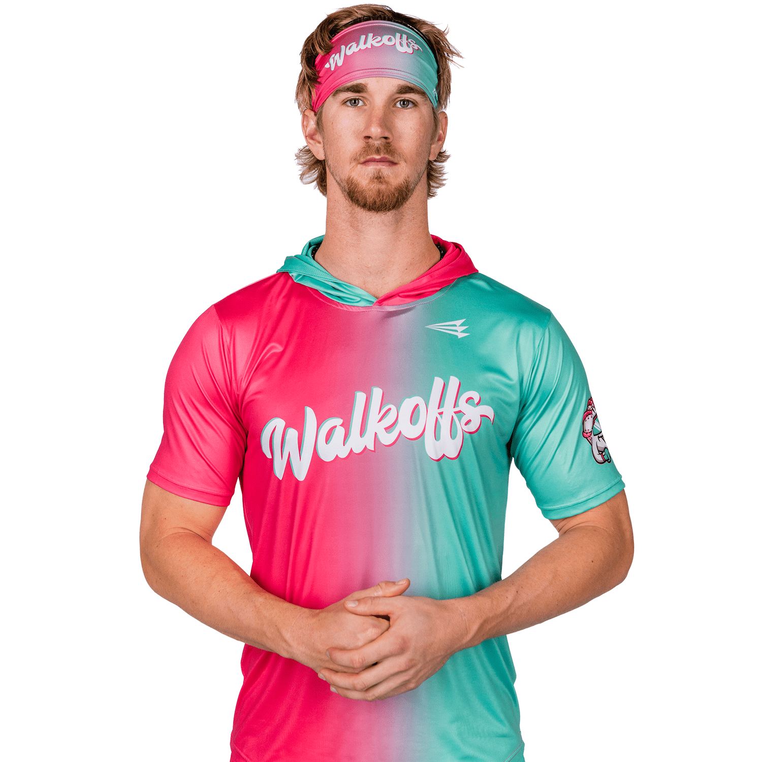 Collection of Man wearing a colorful 'Walkoffs' shirt and headband on a white background in a gallery layout