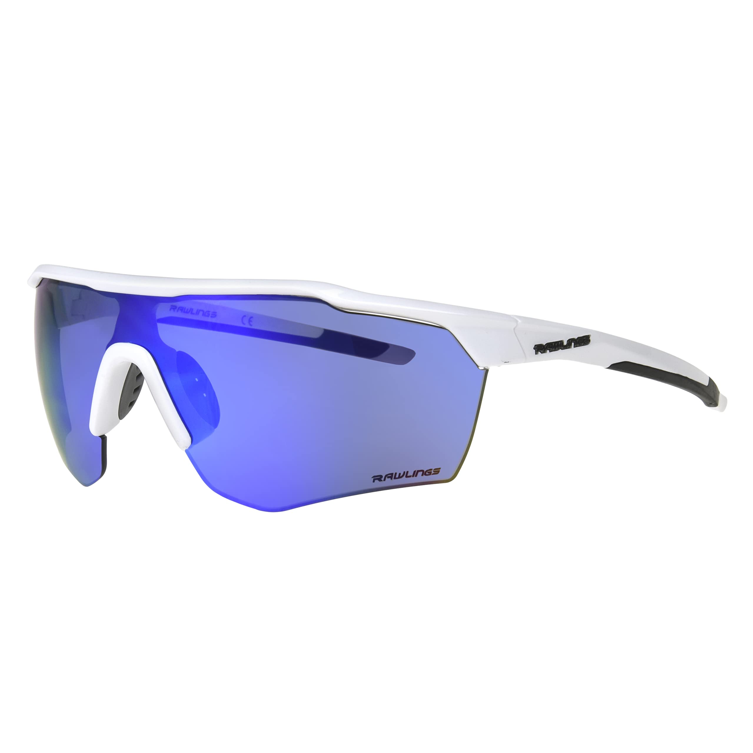 Collection of Rawlings Pitch Perfect Shield Youth Baseball Sunglasses, Shiny White/Sky Blue Mirror, 65mm in a gallery layout