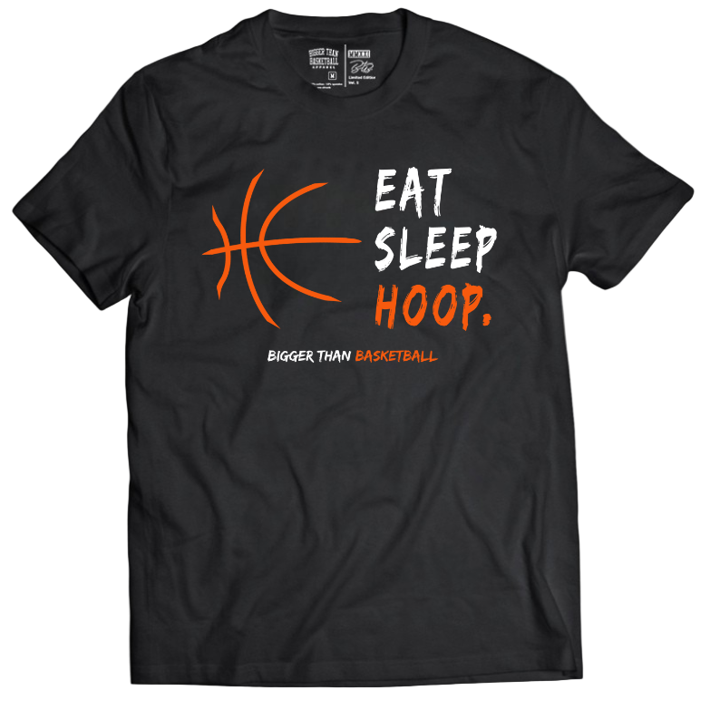 Collection of Black t-shirt with 'Eat Sleep Hoop' graphic and text on a white background in a gallery layout