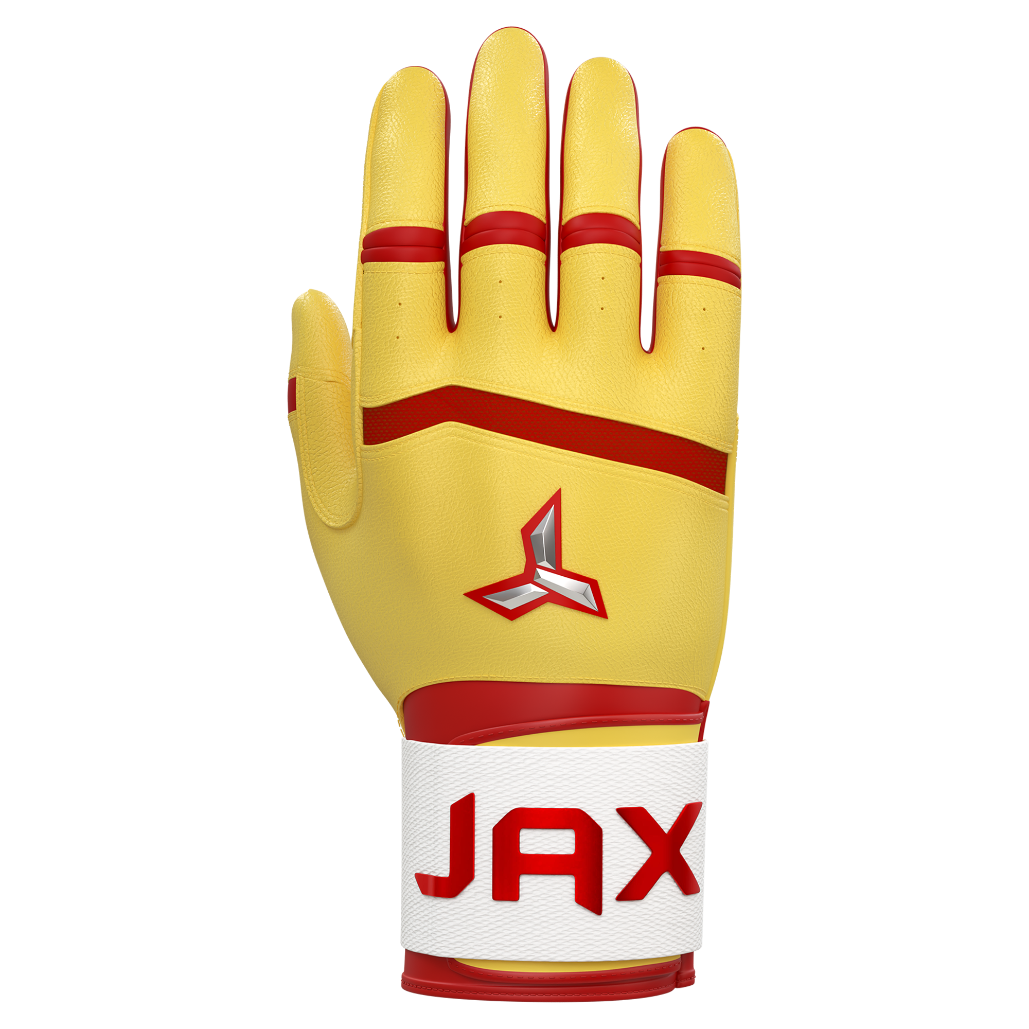 Collection of Yellow and red glove with 'JAX' branding on a white background in a gallery layout