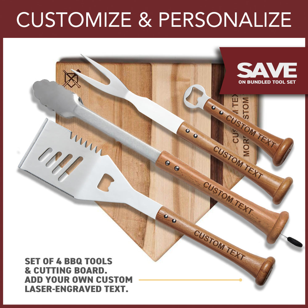 Set of 4 BBQ tools with wooden baseball bat shaped handles on a baseball cutting board, customizable text option shown.